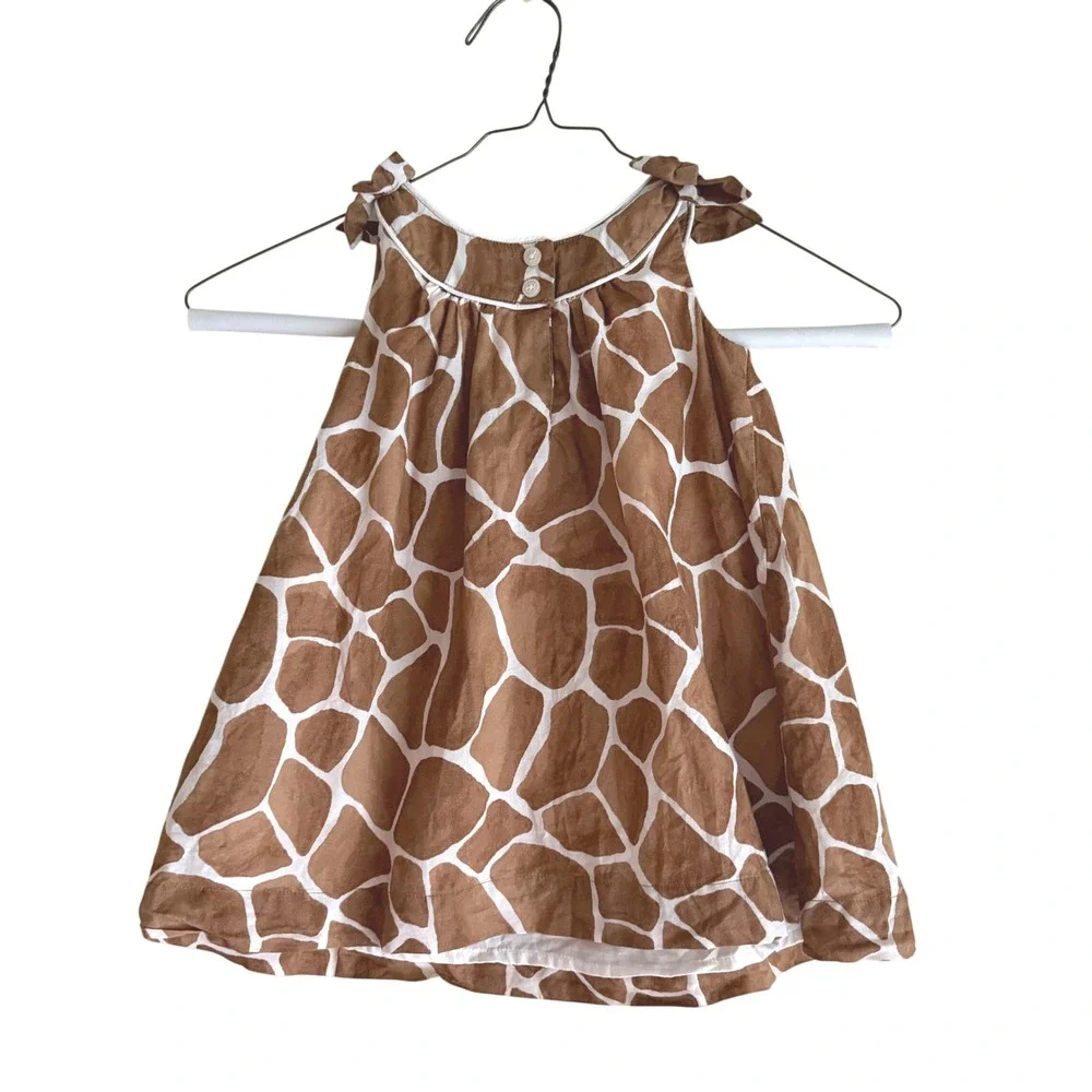 Janie and Jack Girls Dress Brown Giraffe Print Cotton 12-18 Months Animal Bows
